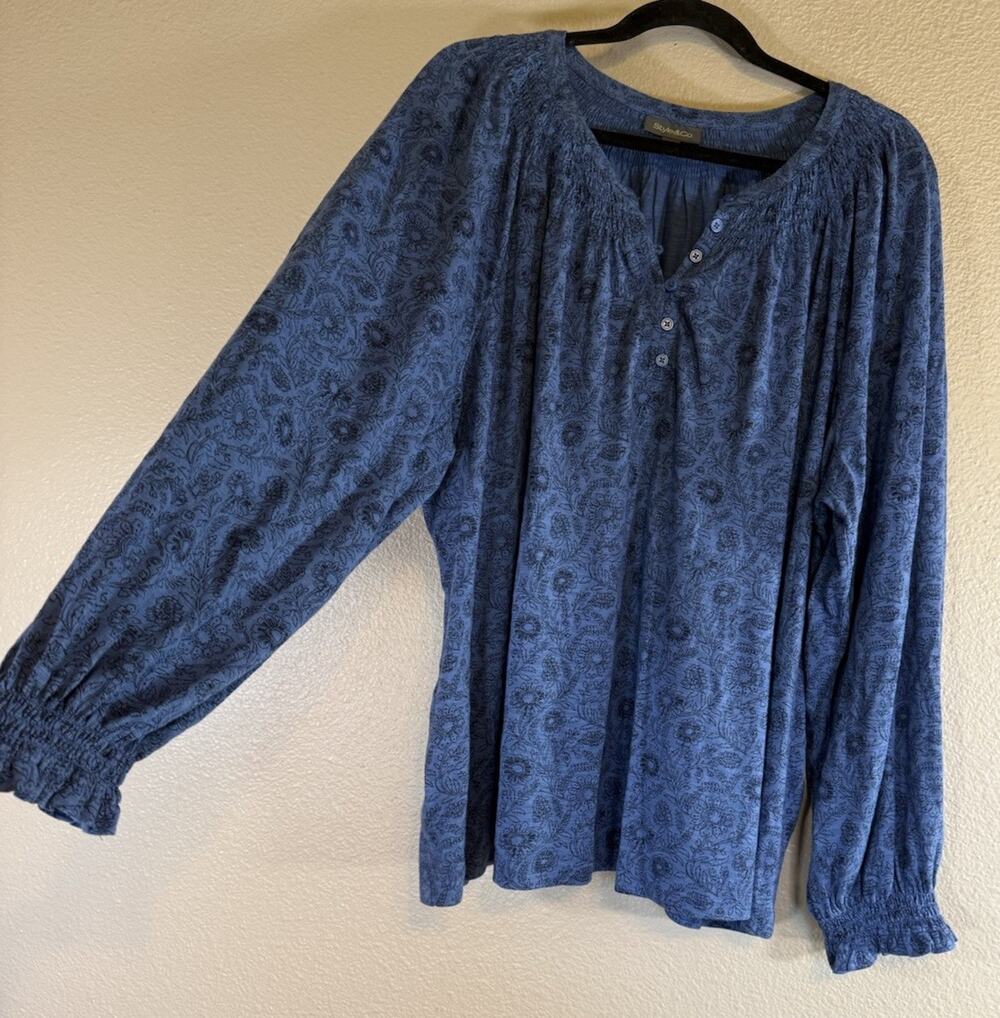 Style & Co Plus 3X Cotton Modal Blue Floral Smocked Sleeve Blouse Boho